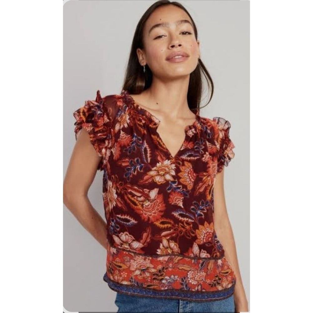 Old Navy Ruffle-Trim Smocked Floral Top Orange Burgundy Boho Short Sleeve 2X NWT